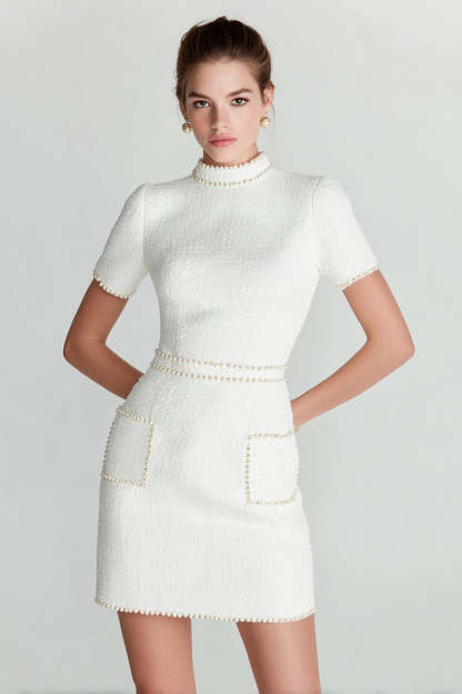 Leely Women White Tight Short Tweed Homecoming Dress with Pearls High Neck Pageant Interview Dress with Sleeves