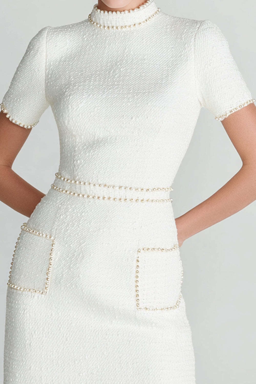 White High Neck Tight Short Tweed Homecoming Dress with Pearls