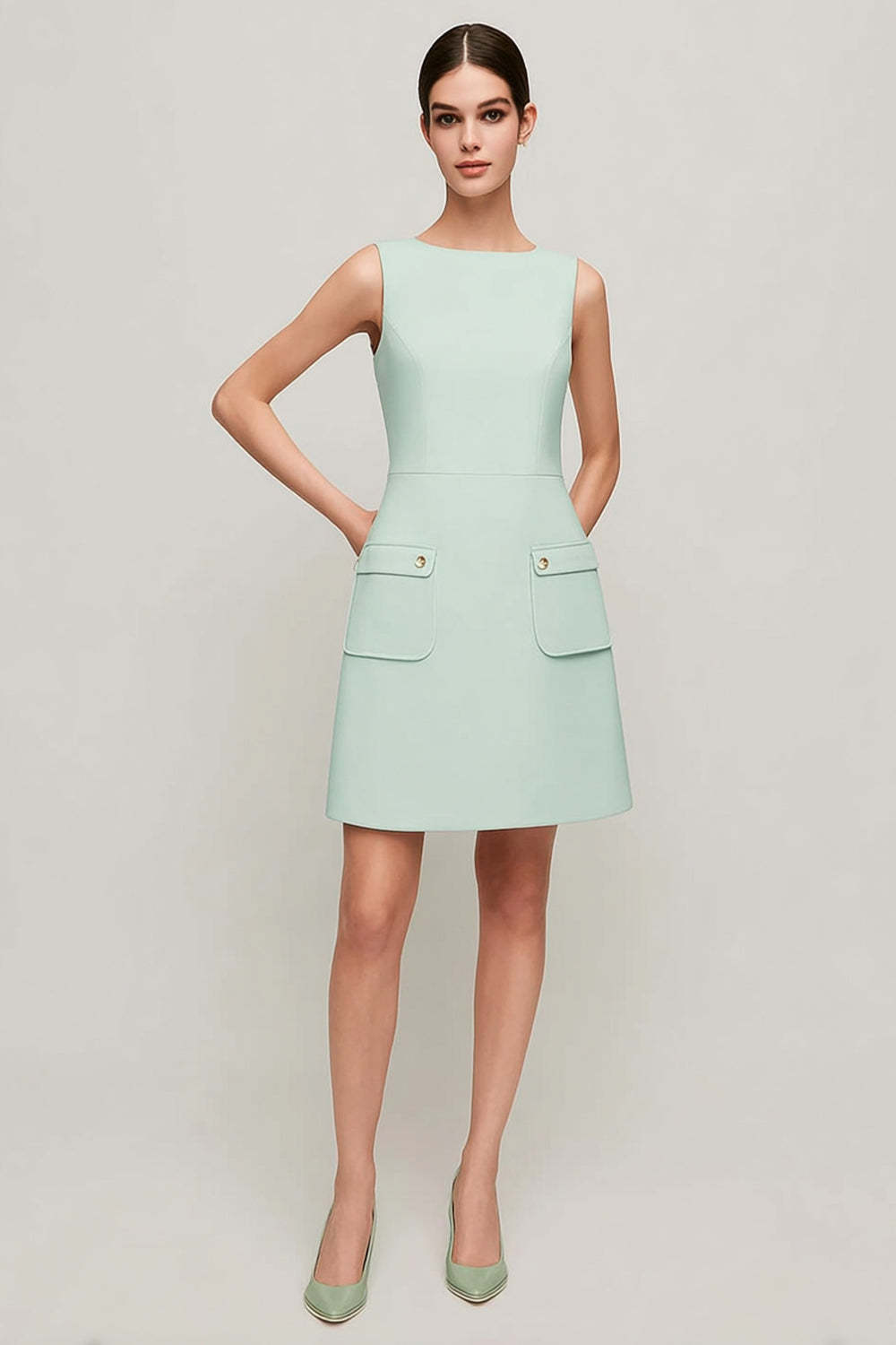 Leely Women Simple Green Short Pageant Interview Dress with Pockets A Line Round Neck Sleeveless Tweed Homecoming Dress
