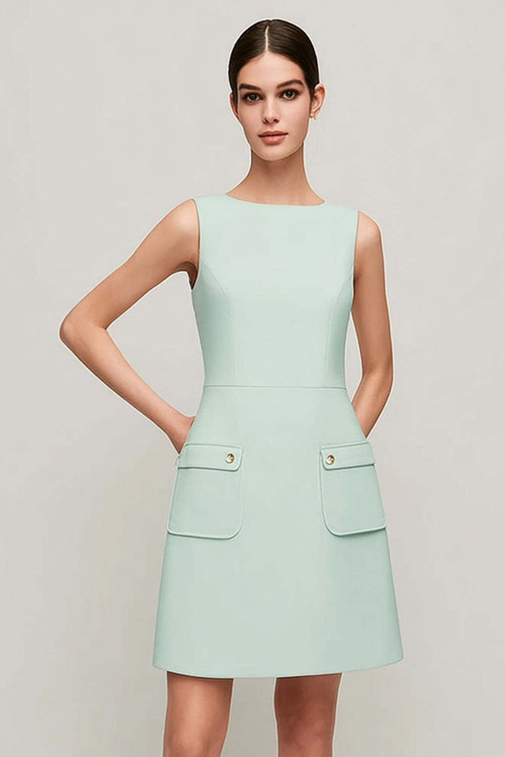 Simple Green A Line Sleeveless Short Tweed Homecoming Dress with Pockets