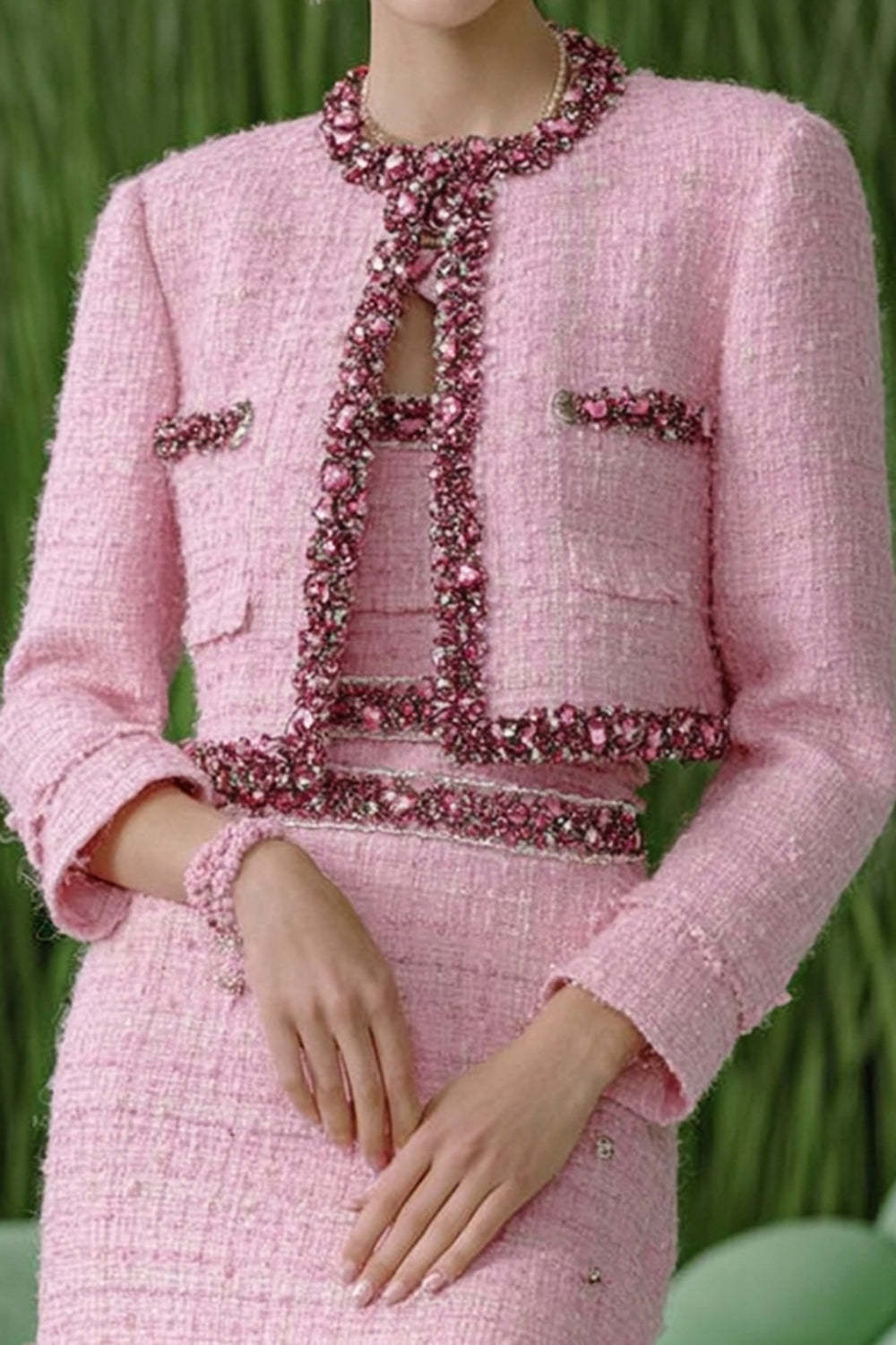 Sparkly Pink 3 Piece Tight Tweed Homecoming Outfits with Rhinestones