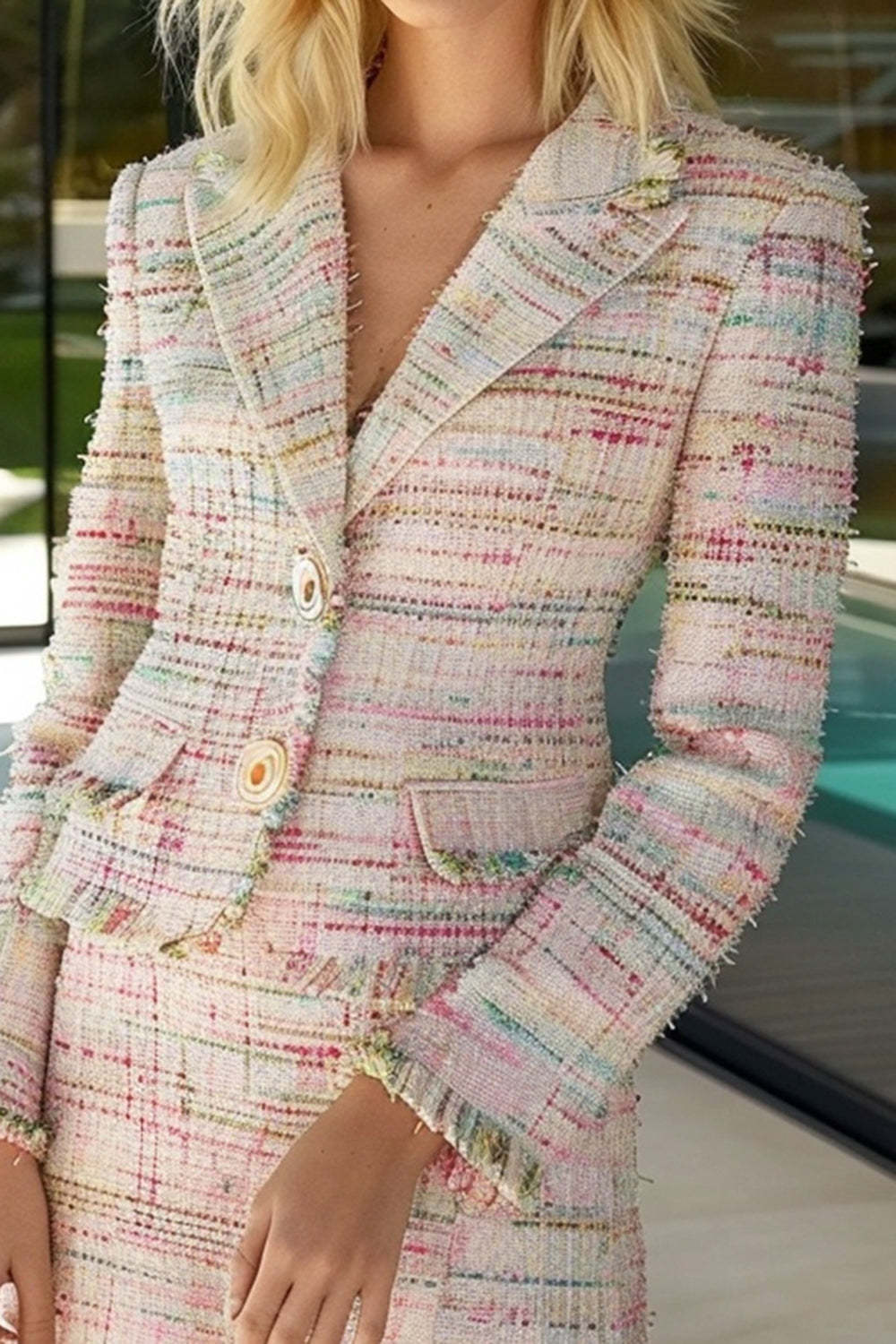 Light Pink 2 Piece Plaid Peak Lapel Tweed Homecoming Outfits with Fringes