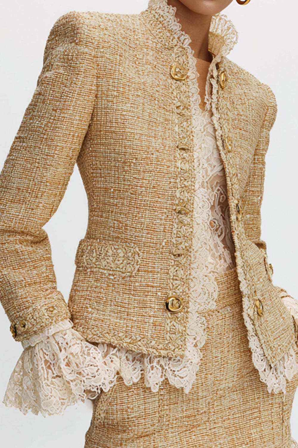 Golden Tight 2 Piece High Neck Tweed Homecoming Outfits with Lace