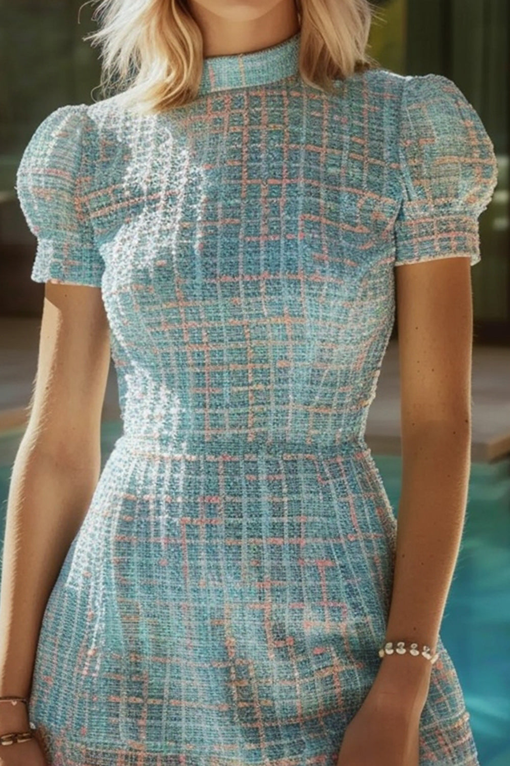 Blue Plaid Tight High Neck Short Tweed Homecoming Dress with Sleeves