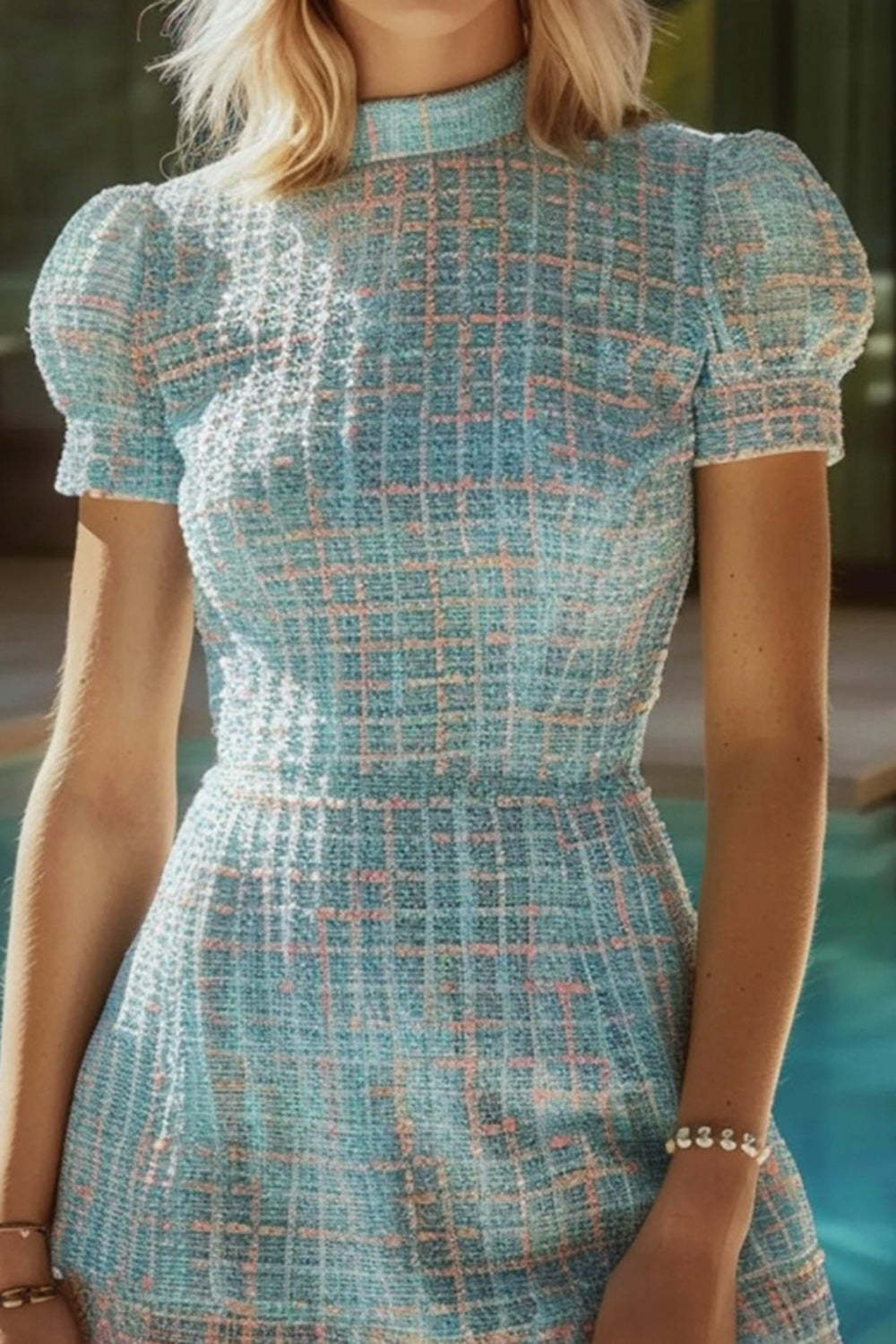 Blue Plaid Tight High Neck Short Tweed Homecoming Dress with Sleeves