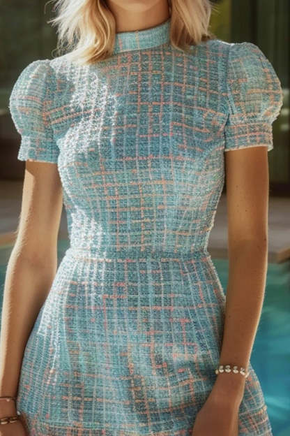 Blue Plaid Tight High Neck Short Tweed Homecoming Dress with Sleeves