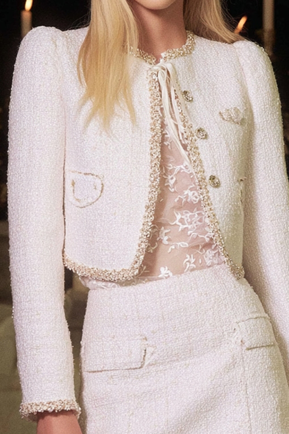 White 2 Piece Round Neck Short Tweed Homecoming Outfits with Sleeves