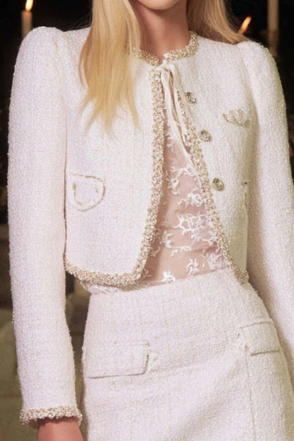 White 2 Piece Round Neck Short Tweed Homecoming Outfits with Sleeves