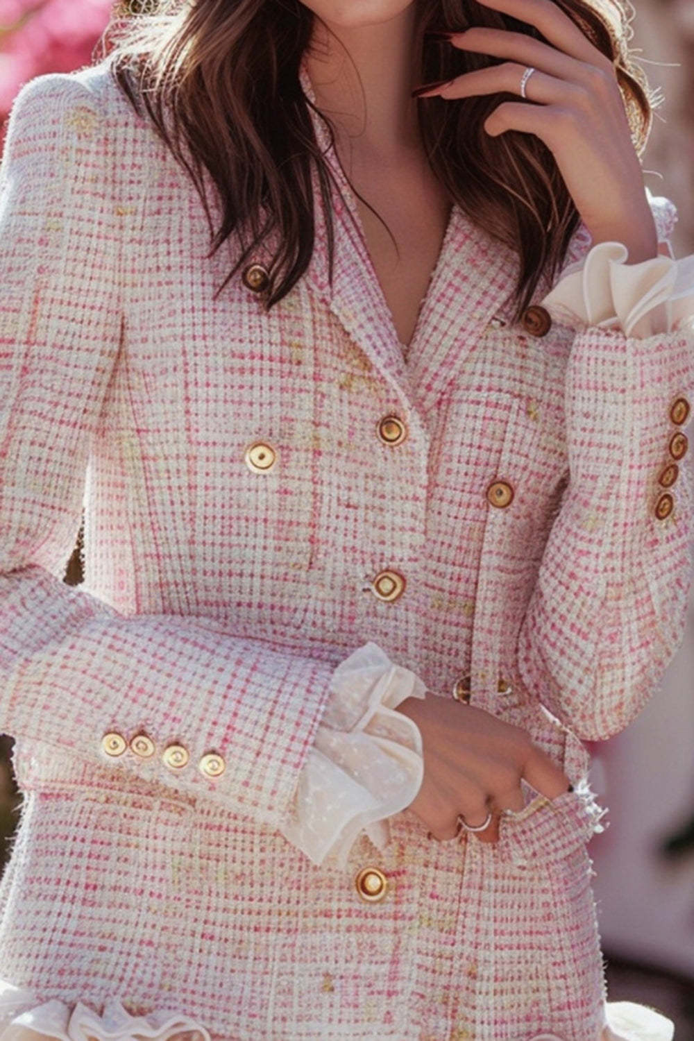 Light Pink Plaid Tight Short Double Breasted Tweed Homecoming Dress with Ruffles
