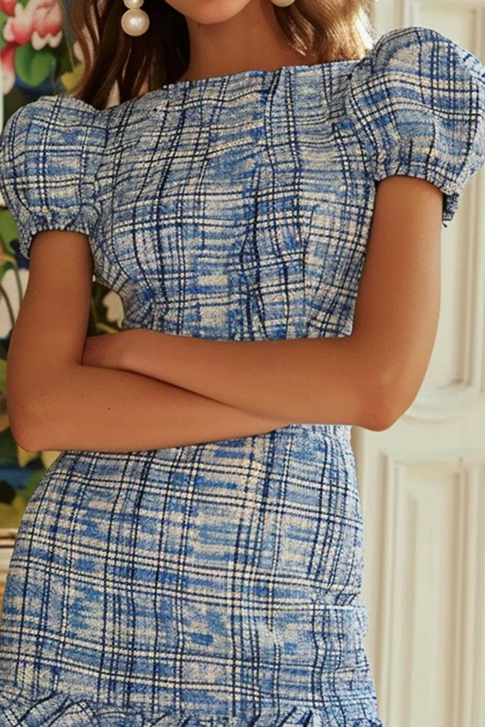 Blue Tight Bateau Neck Short Sleeves Tweed Homecoming Dress with Ruffles