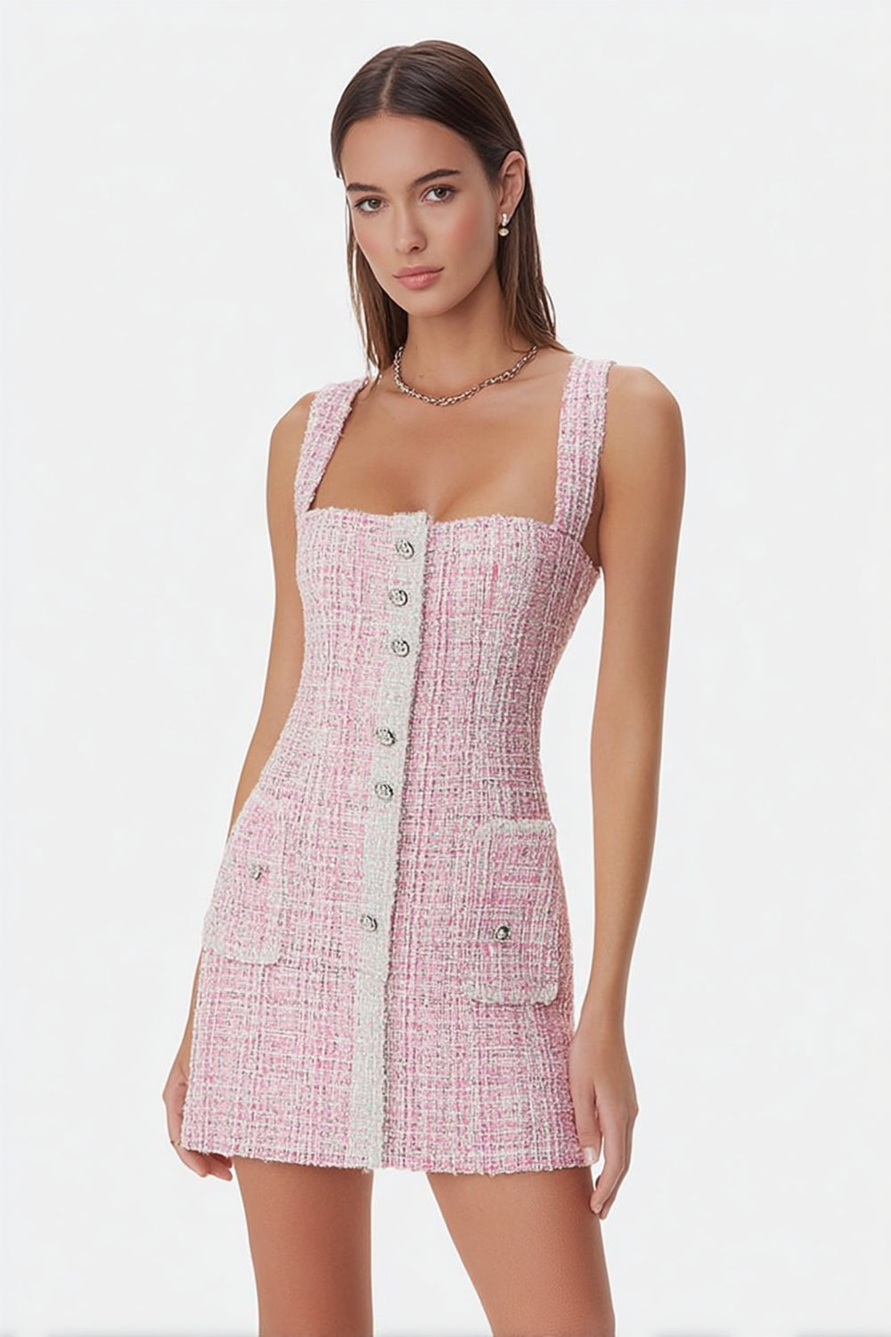 Pink Tight Square Neck Short Tweed Homecoming Dress with Buttons