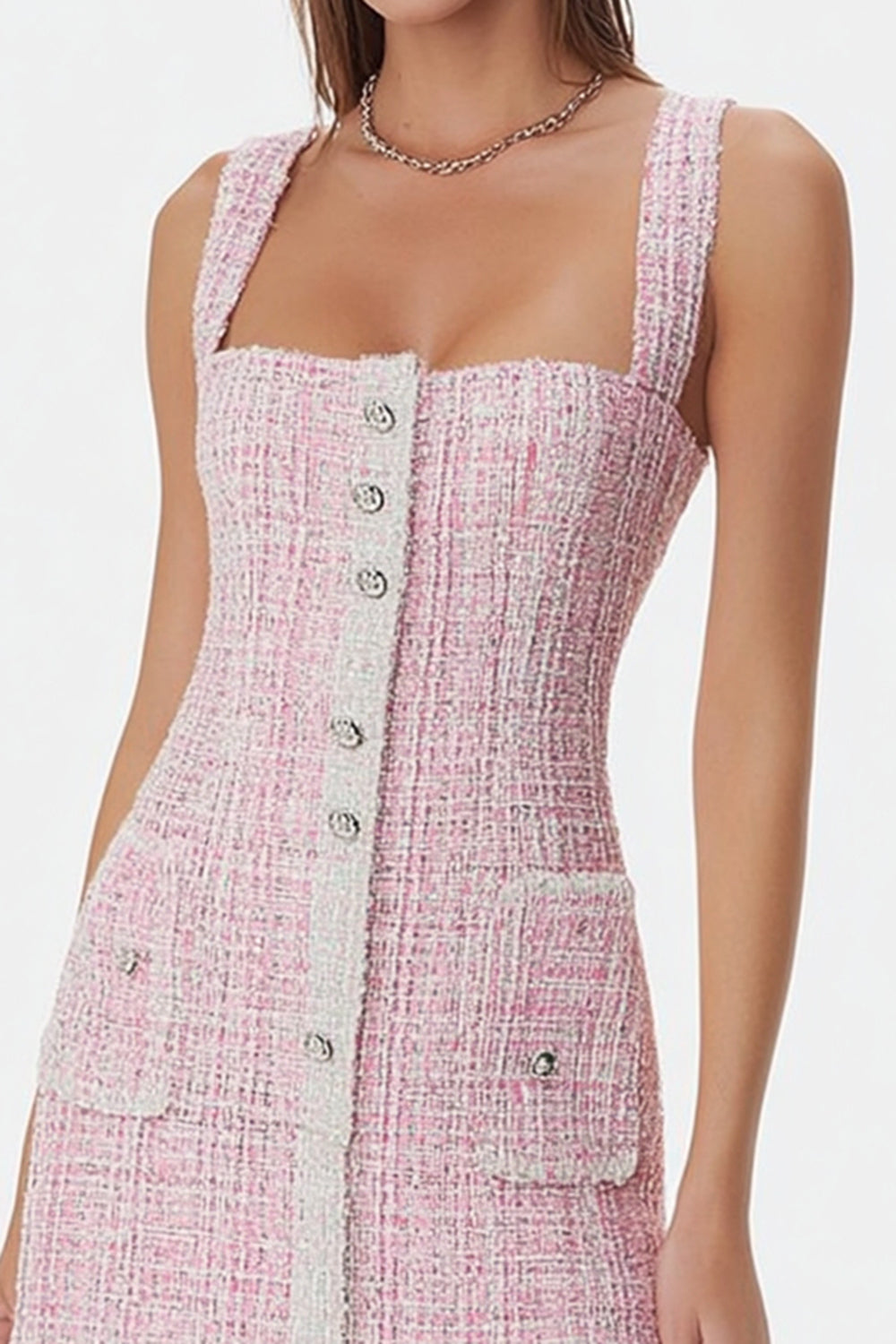 Pink Tight Square Neck Short Tweed Homecoming Dress with Buttons