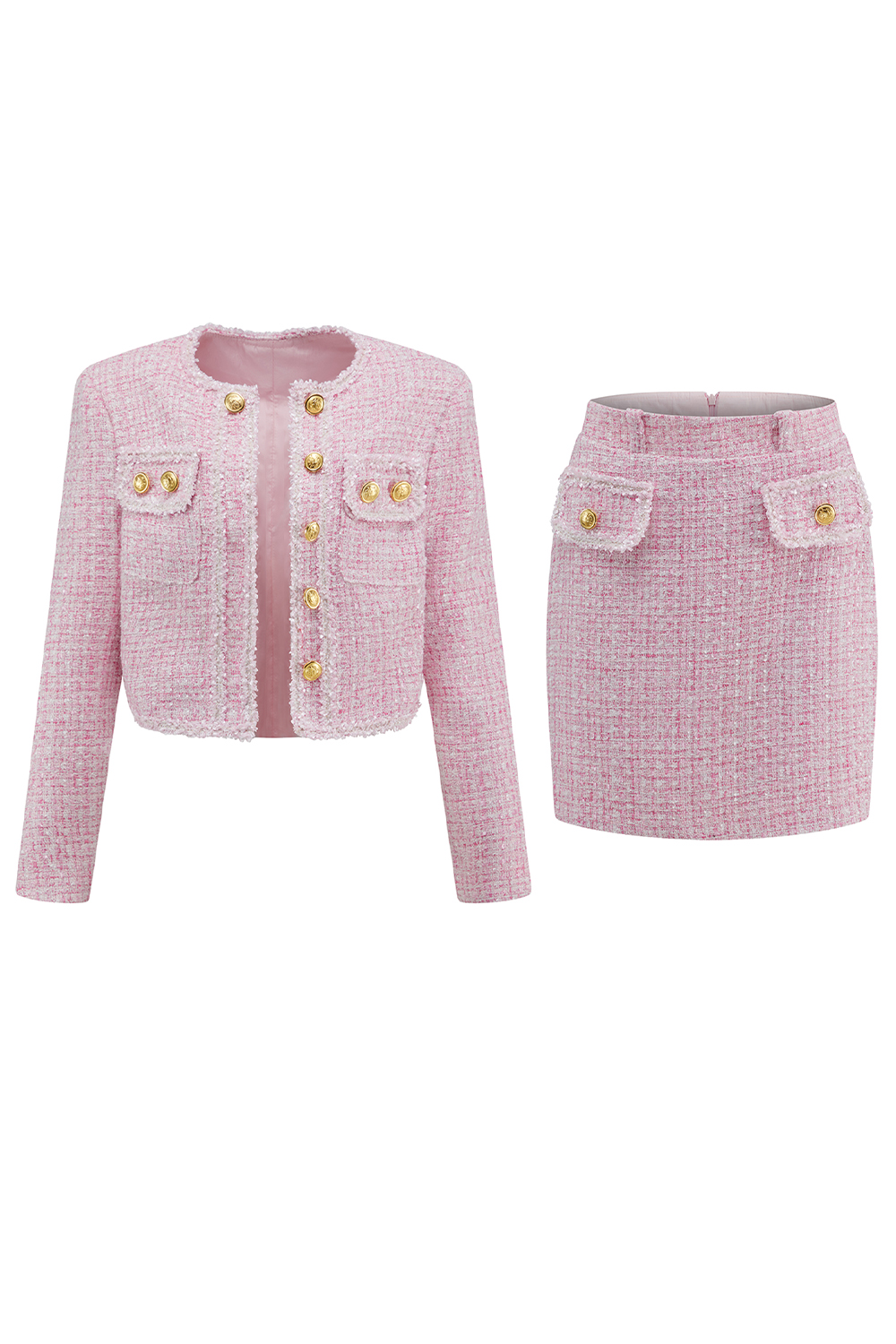 3 Piece Pink Short Blazer Tweed Homecoming Outfits with Pockets