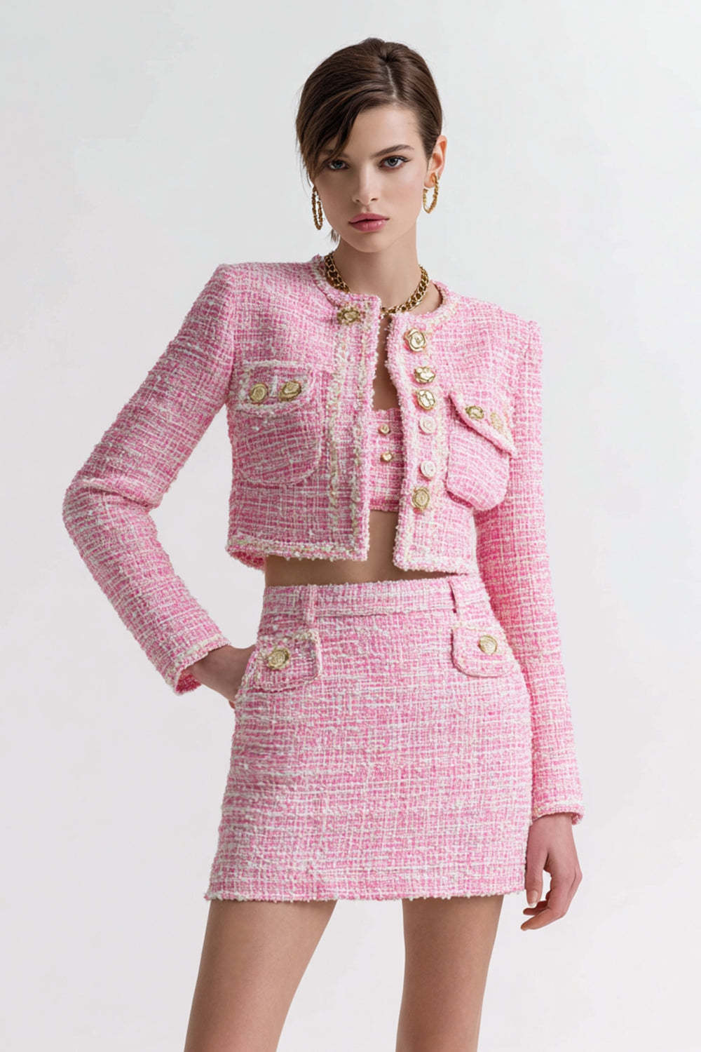 Leely Women 3 Piece Pink Short Tweed Homecoming Outfits with Pockets Long Sleeves Blazer Date Night Outfits