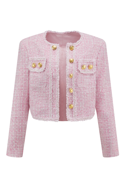 2 Piece Pink Blazer Tweed Short Homecoming Outfits with Pockets