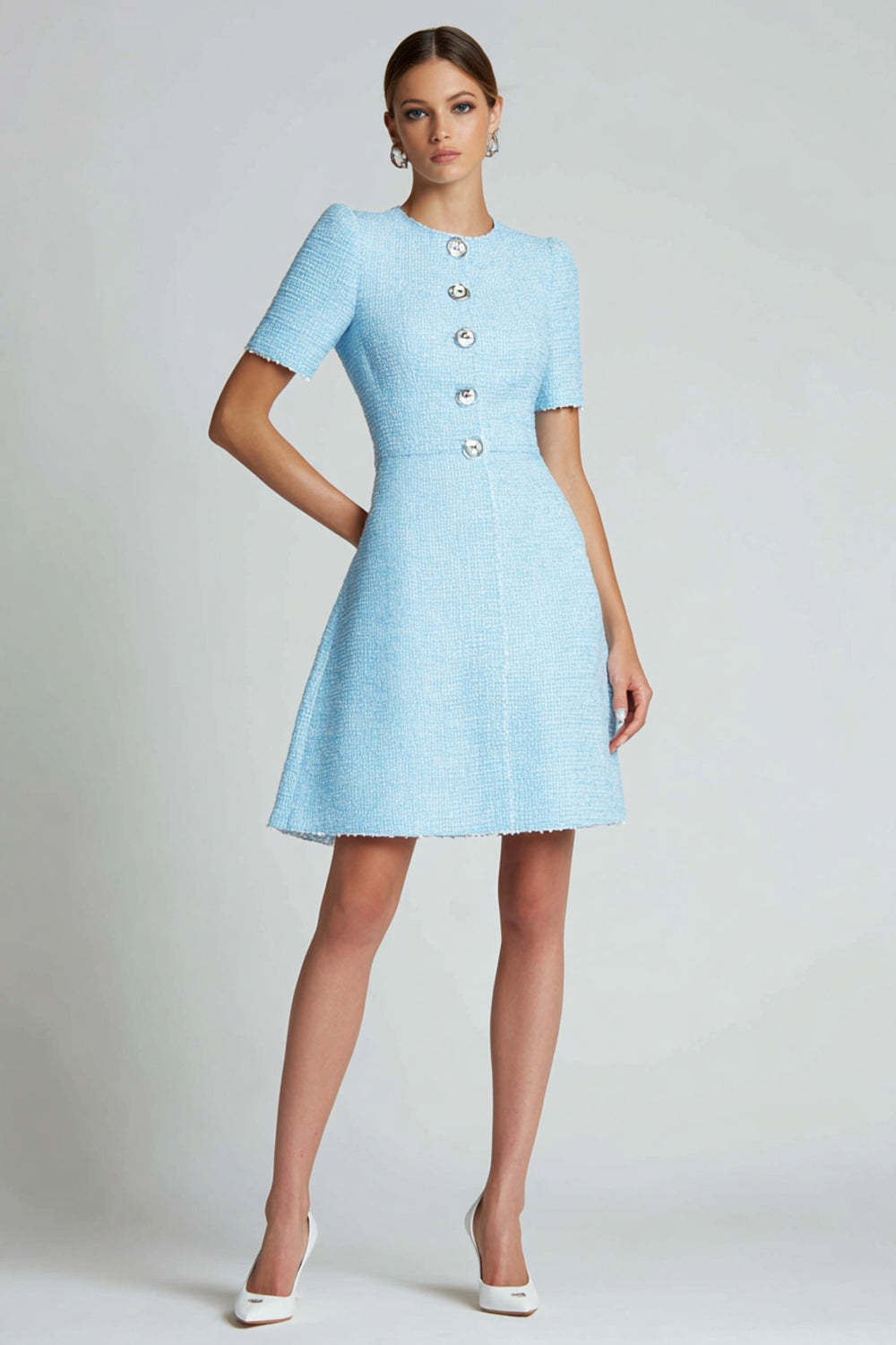 Leely Women Blue Short Tweed Homecoming Dress with Sleeves A Line Round Neck Pageant Interview Dress with Buttons