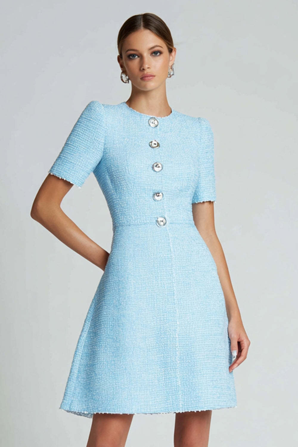 Blue Round Neck A Line Buttons Short Tweed Homecoming Dress with Sleeves