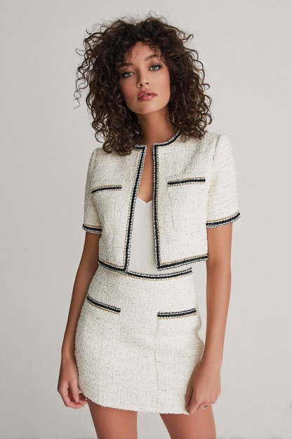 Leely Women White Tweed Homecoming Outfits with Pockets 2 Piece Blazer Short Sleeves Date Night Outfits