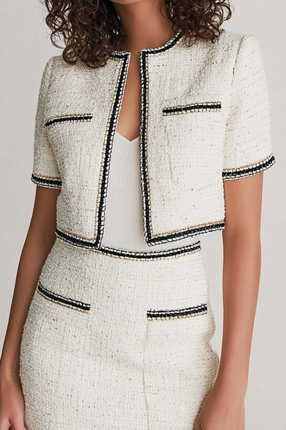 White 2 Piece Blazer Short Tweed Homecoming Outfits with Pockets
