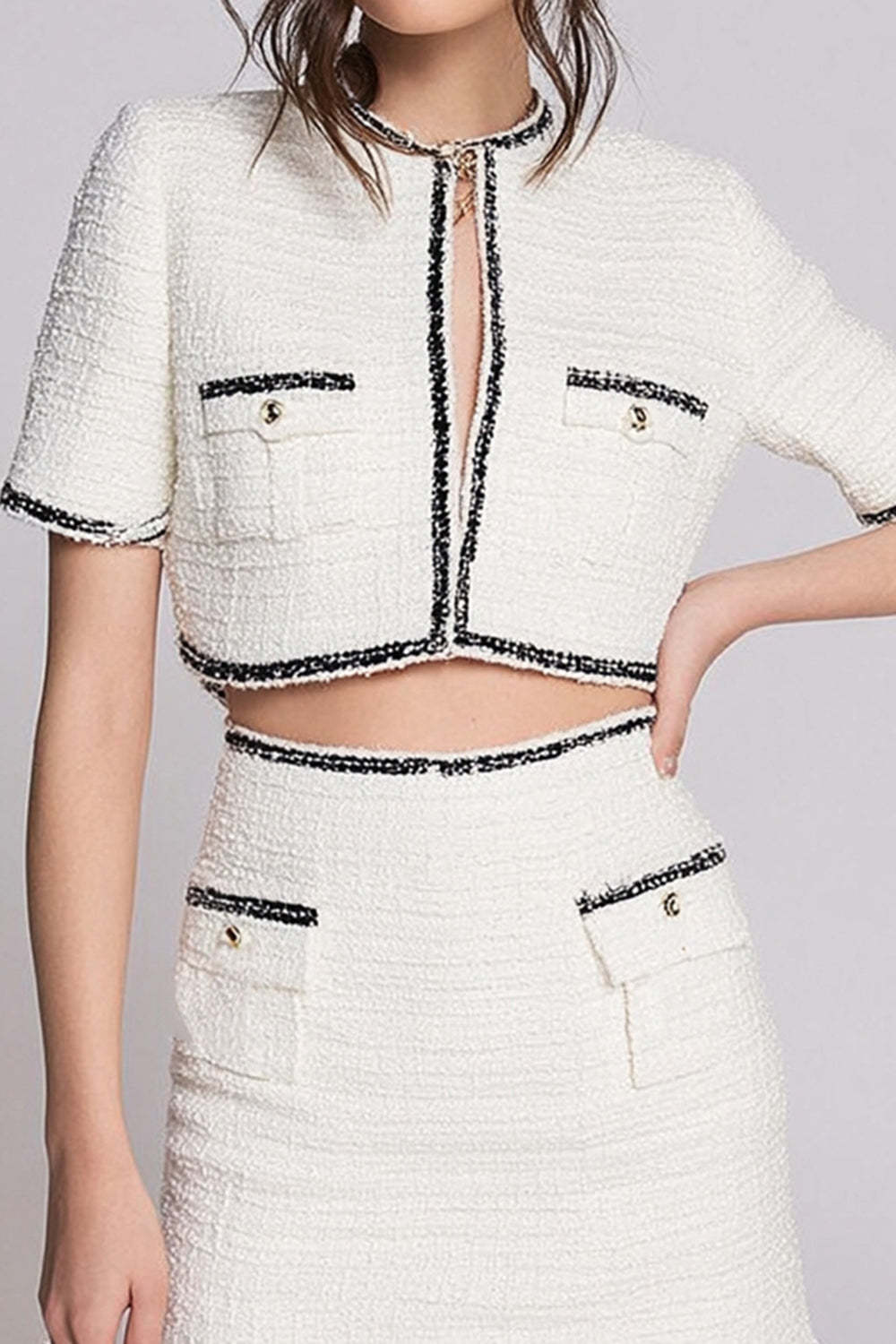 2 Piece White Short Blazer Tweed Homecoming Outfits with Sleeves