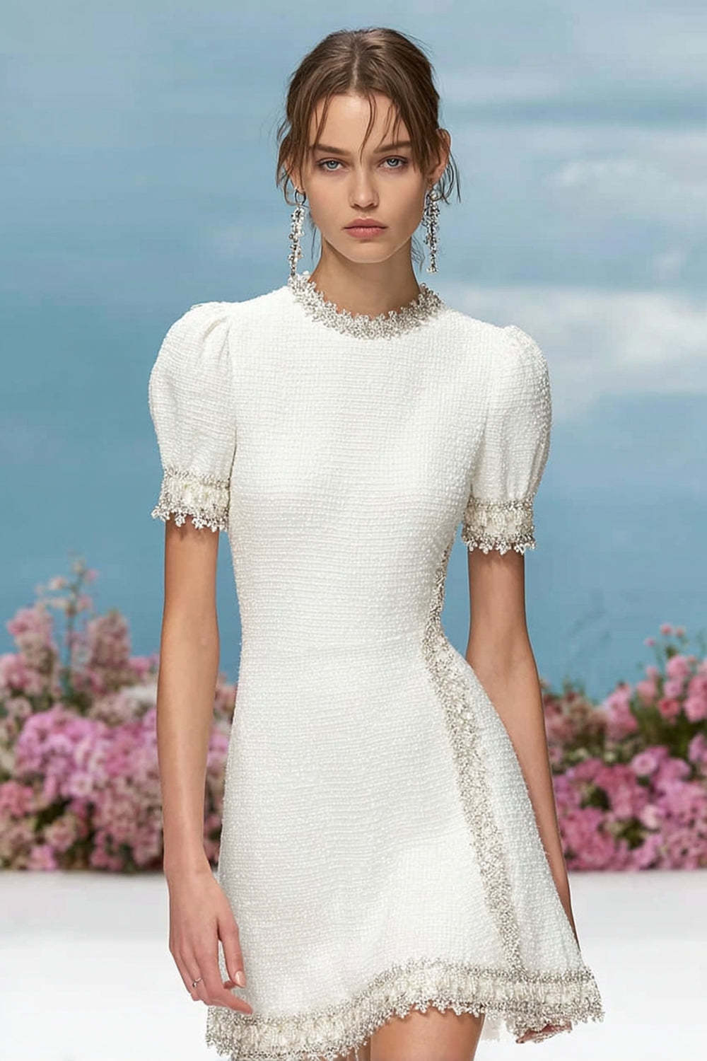 Leely Women White Short Tweed Homecoming Dress with Sleeves Round Neck Pageant Interview Dress with Appliques