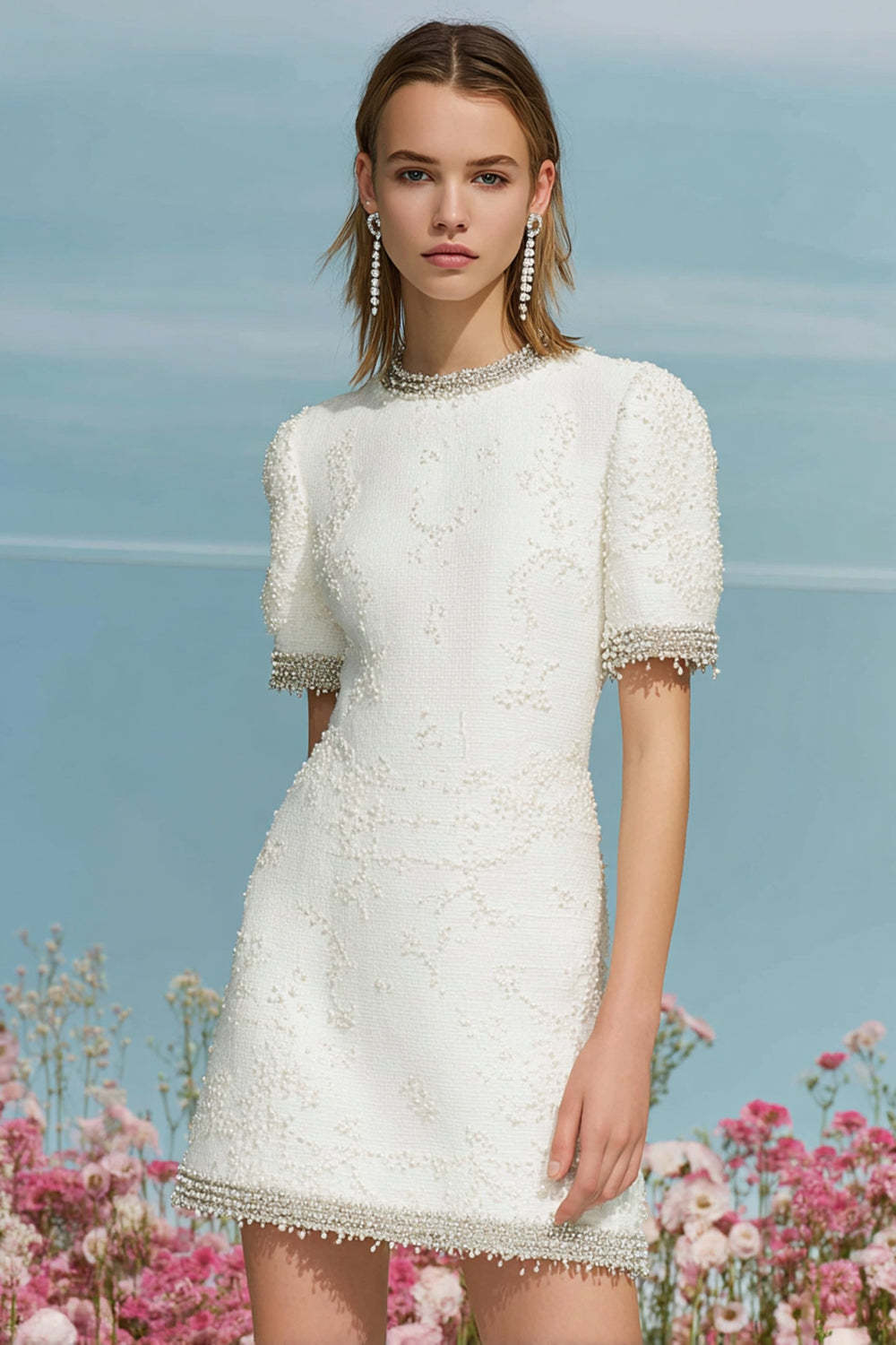 Leely Women White Tweed Homecoming Dress Short Sleeves Round Neck Pageant Interview Dress