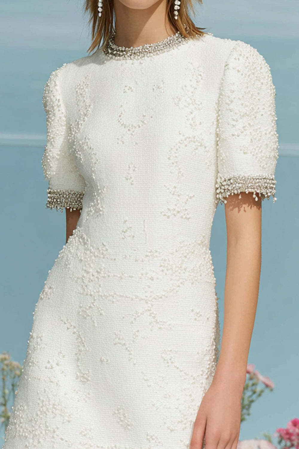 White Round Neck Short Sleeves Tweed Homecoming Dress