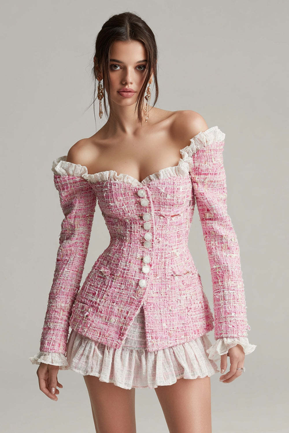 Leely Women Pink 2 Piece Short Tweed Homecoming Outfits with Ruffles Off the Shoulder Blazer Date Night Outfits with Buttons