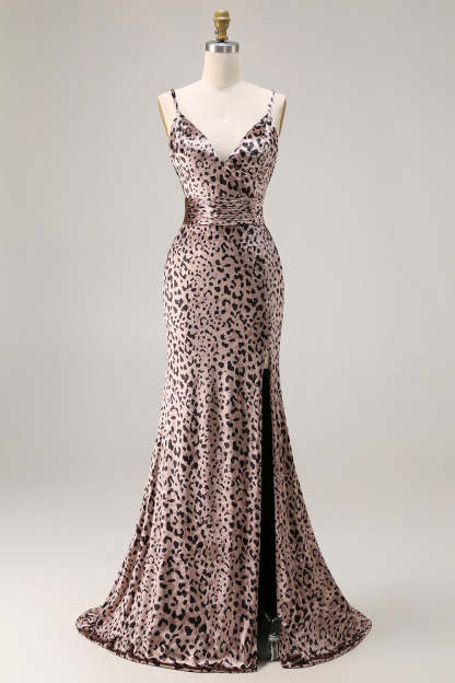 Floral Golden Leopard Mermaid Spaghetti Straps Sleeveless Long Prom Dress with Slit
