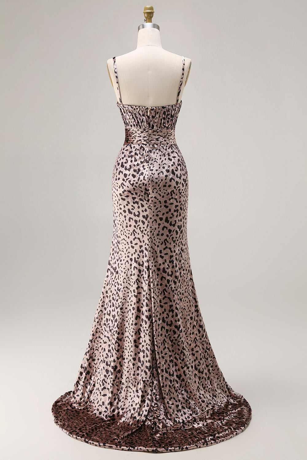 Floral Golden Leopard Mermaid Spaghetti Straps Sleeveless Long Prom Dress with Slit