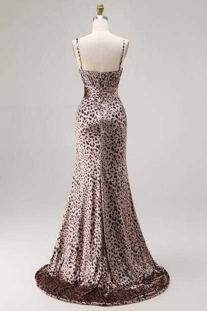 Floral Golden Leopard Mermaid Spaghetti Straps Sleeveless Long Prom Dress with Slit