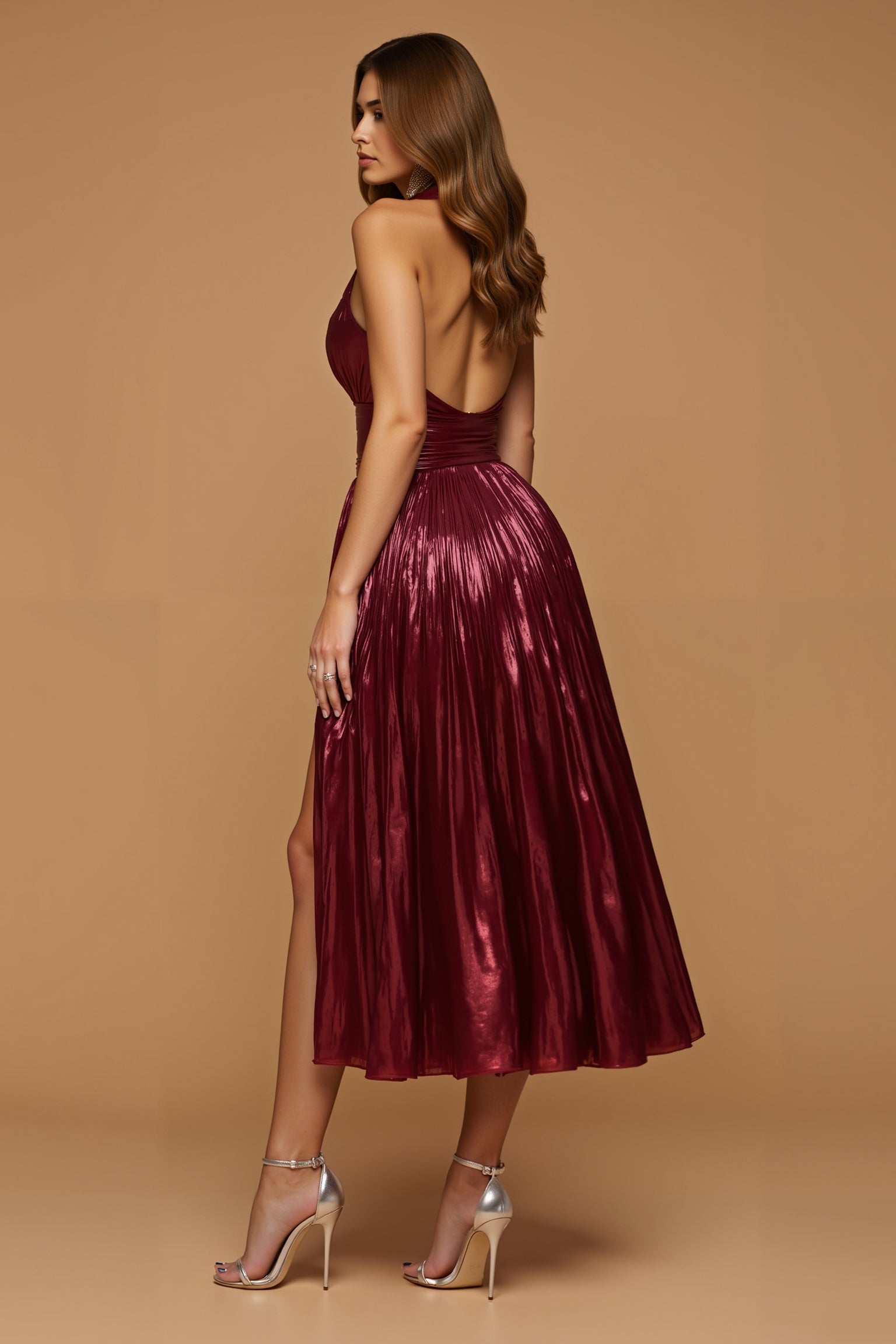Burgundy Metallic Halter Backless Midi Holiday Party Dress with Slit