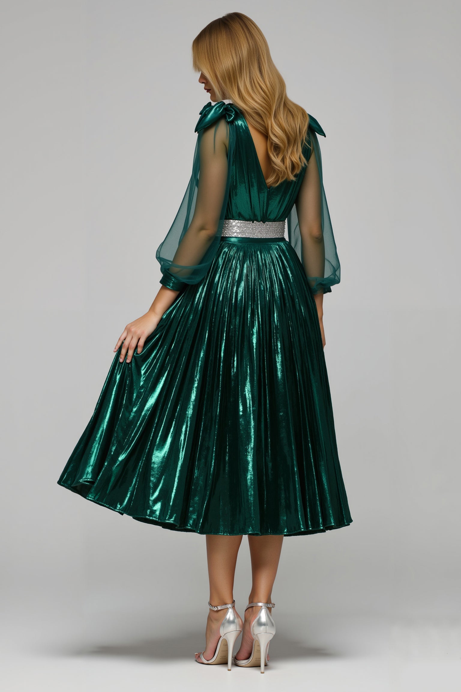 Dark Green Metallic V-Neck A Line Midi Holiday Party Dress with Slit