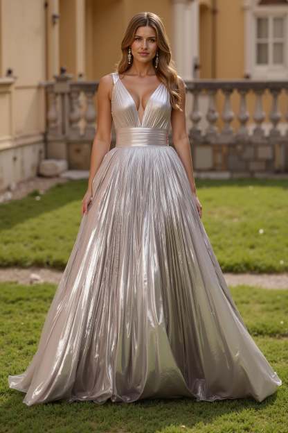 Leely Women Silver Metallic Maxi A Line Prom Dress Thick Straps Ruched Backless Holiday Party Dress