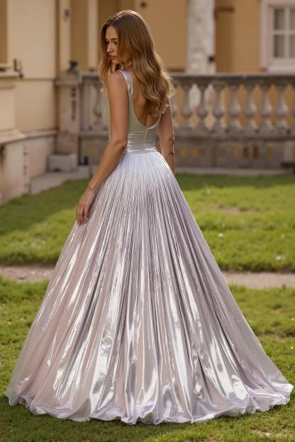Silver Metallic Thick Straps A Line Backless Maxi Prom Dress