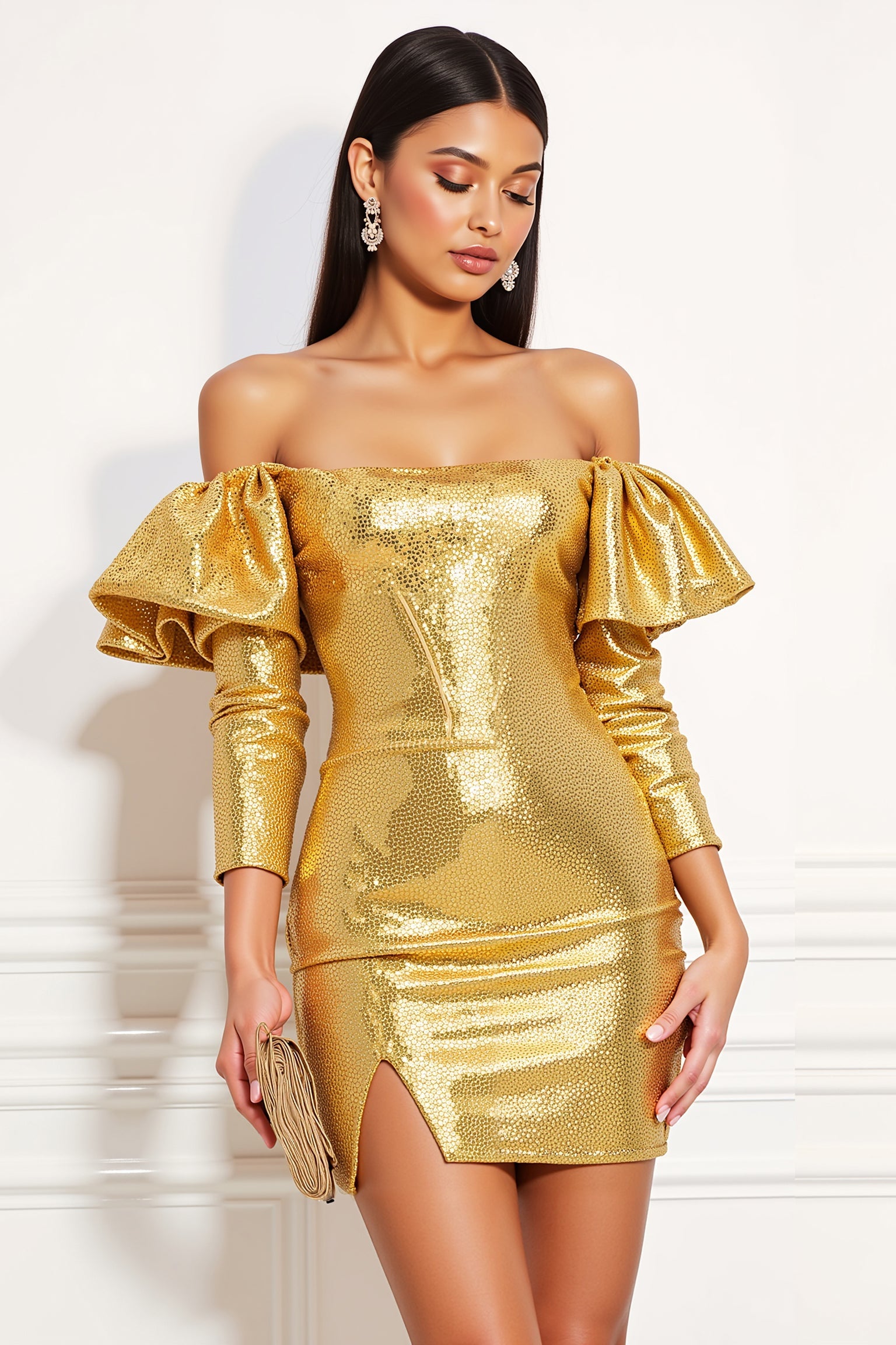Leely Women Sparkly Golden Short Cocktail Dress with Ruffles Tight Off the Shoulder Party Dress with Sleeves