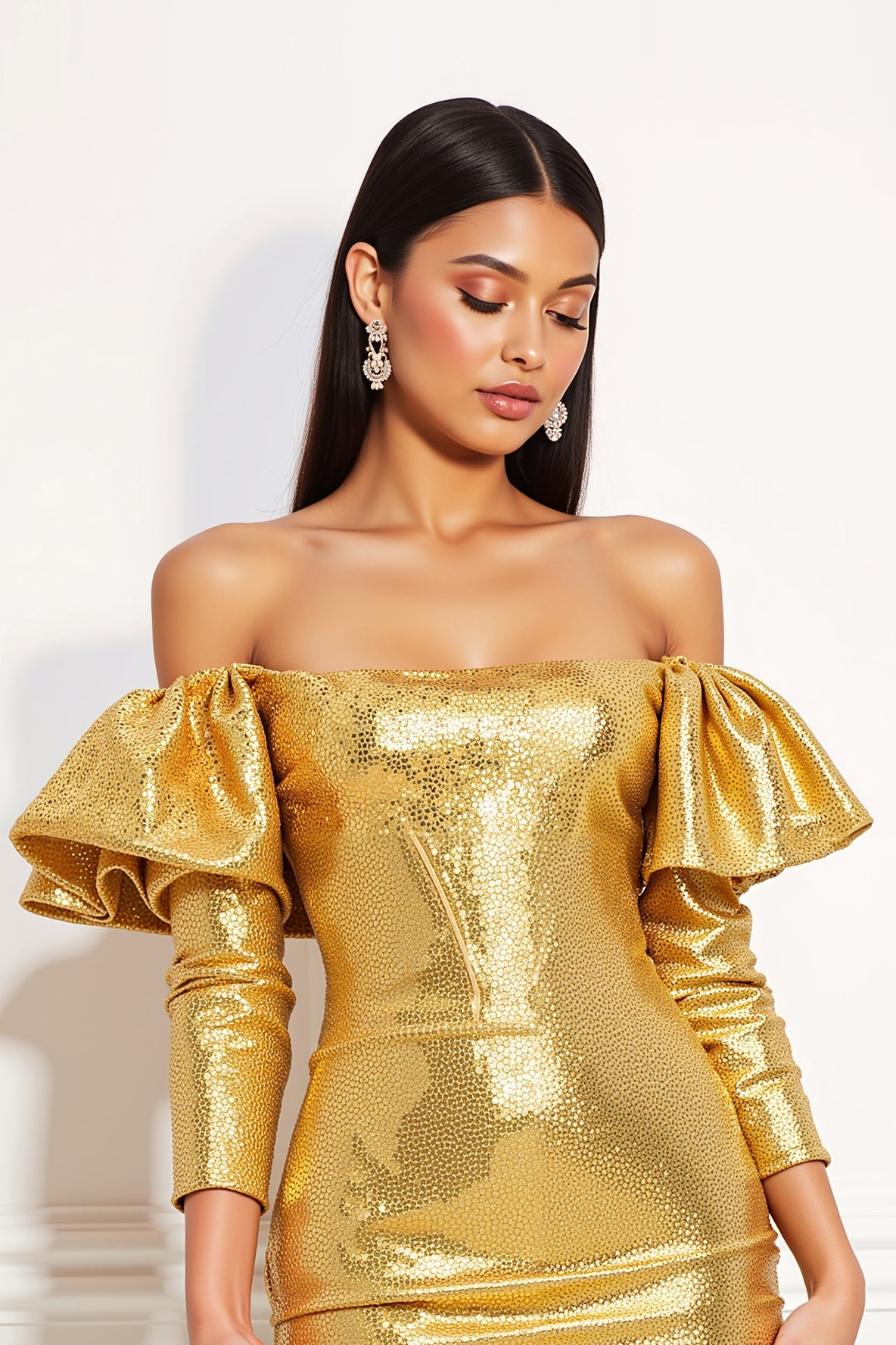 Sparkly Golden Metallic Tight Short Cocktail Dress with Ruffles
