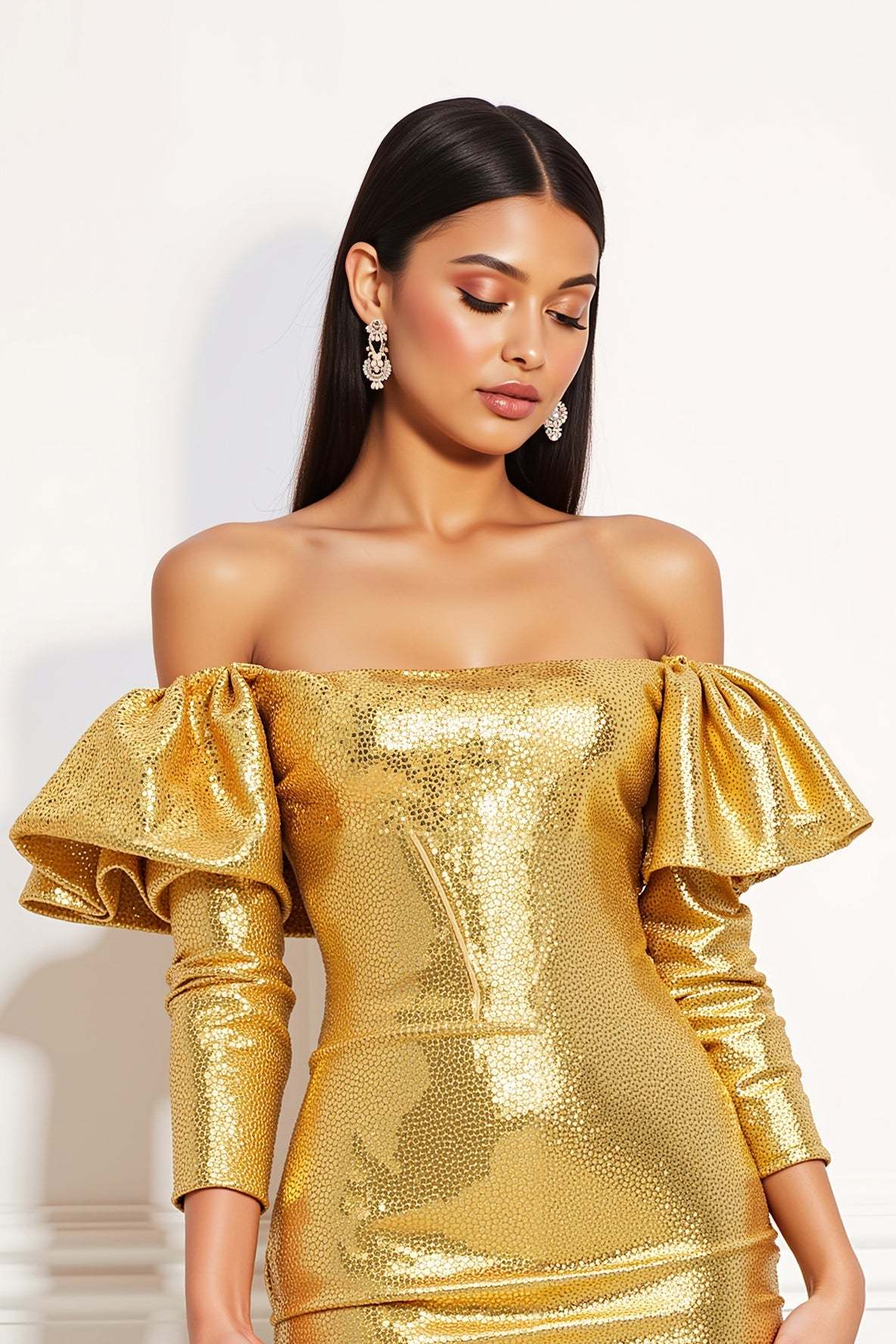 Sparkly Golden Metallic Tight Short Cocktail Dress with Ruffles