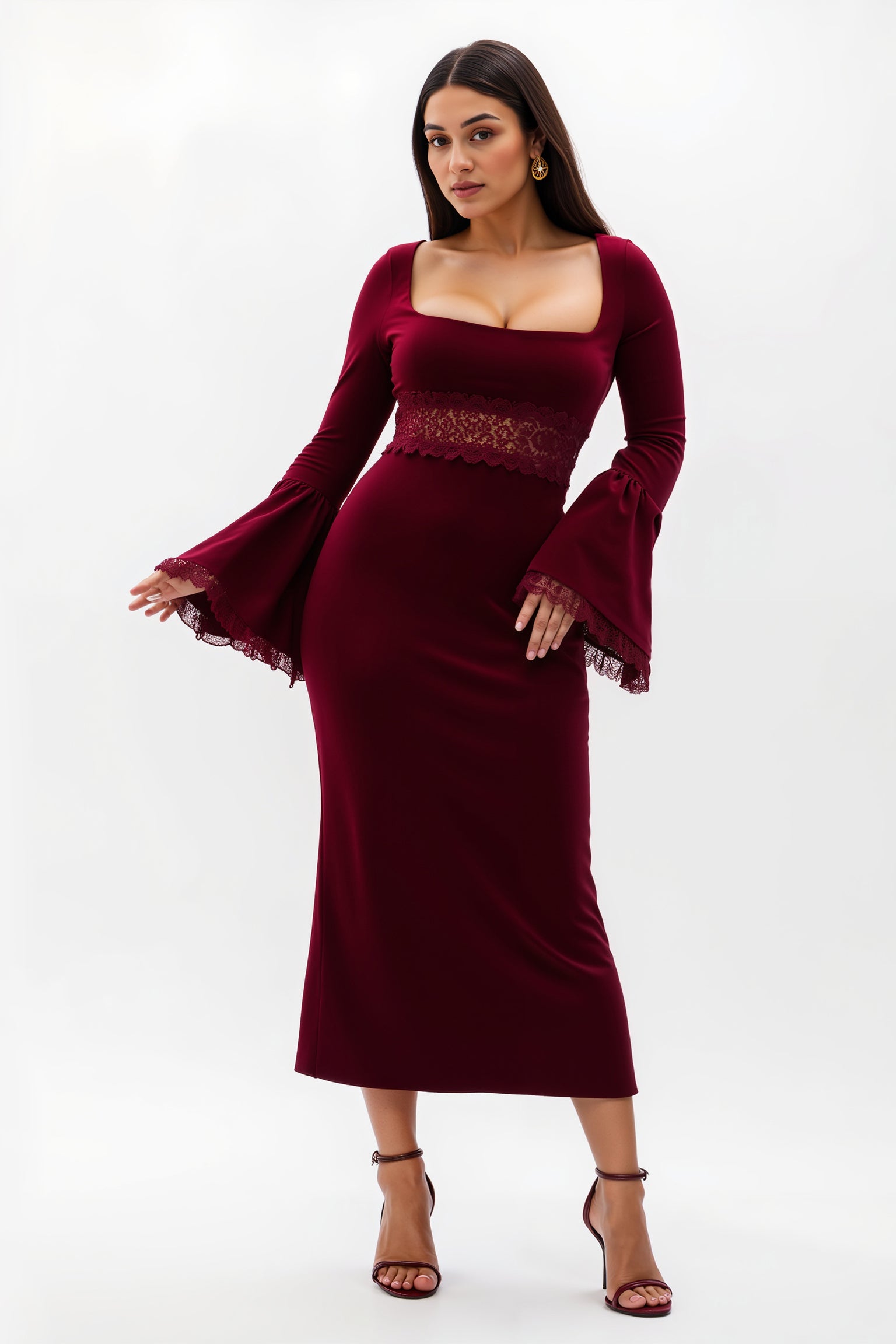 Burgundy Flare Sleeves Maxi Sheath Holiday Party Dress with Lace