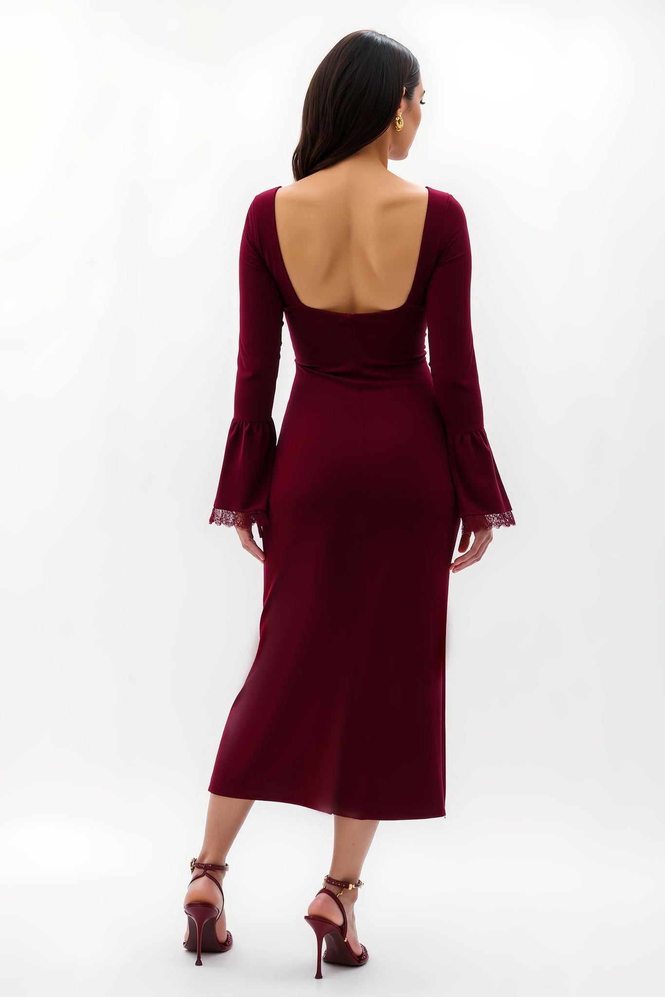 Burgundy Flare Sleeves Maxi Sheath Holiday Party Dress with Lace