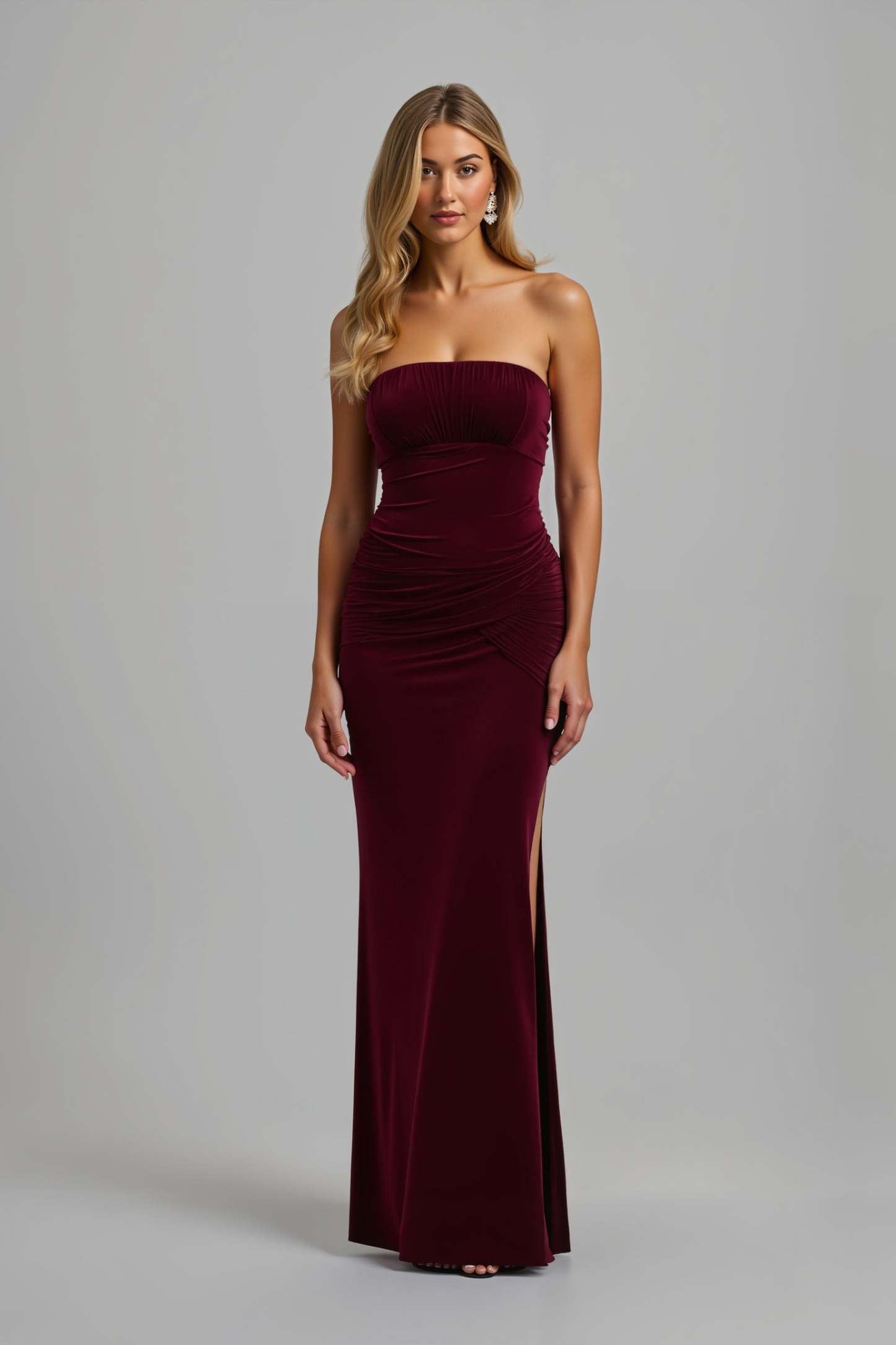 Leely Women Burgundy Velvet Maxi Sheath Holiday Party Dress with Slit Strapless Formal Dress