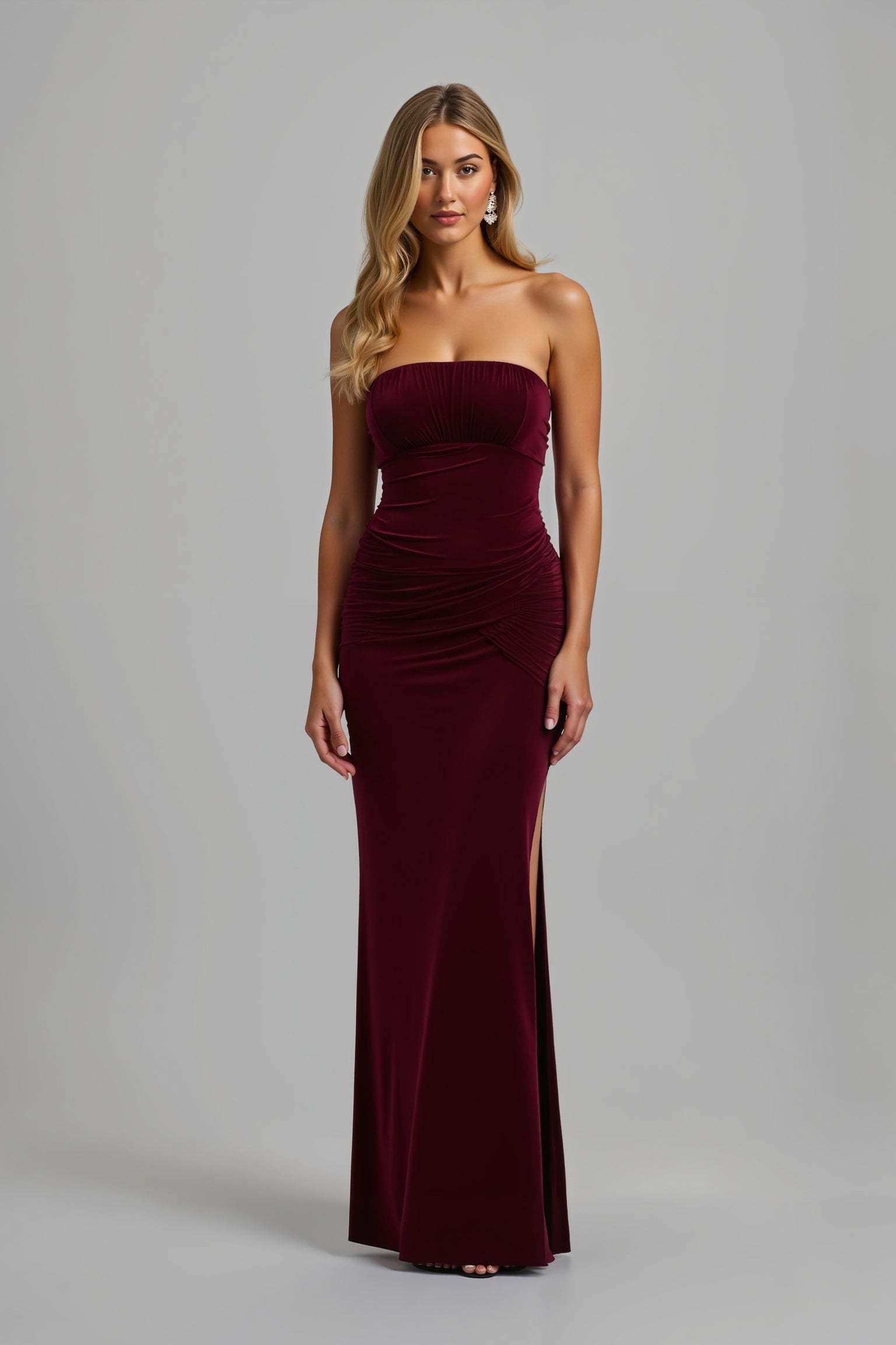Leely Women Burgundy Velvet Maxi Sheath Holiday Party Dress with Slit Strapless Formal Dress