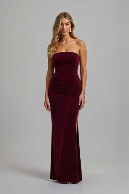 Leely Women Burgundy Velvet Maxi Sheath Holiday Party Dress with Slit Strapless Formal Dress