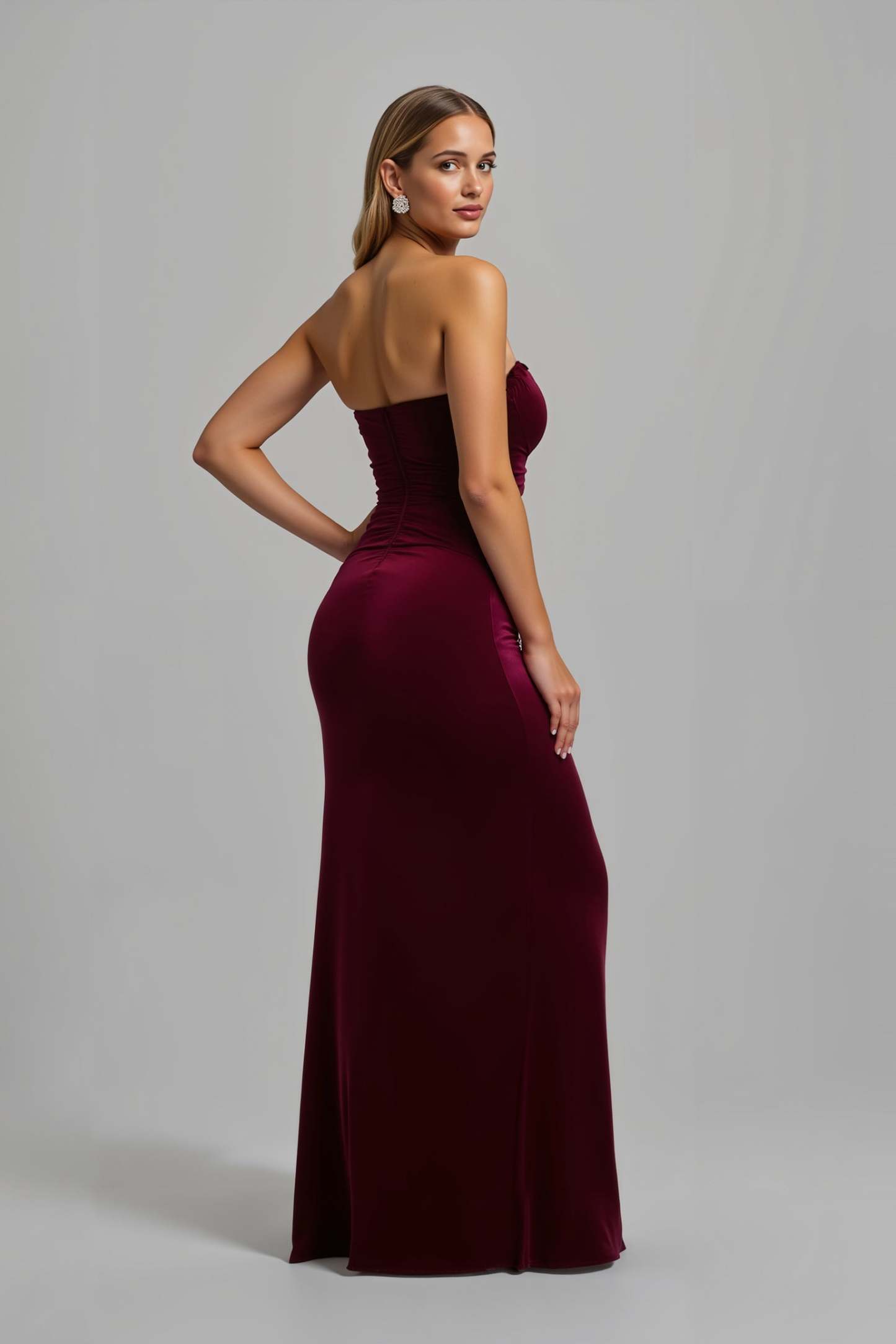Burgundy Sheath Strapless Maxi Holiday Party Dress with Slit