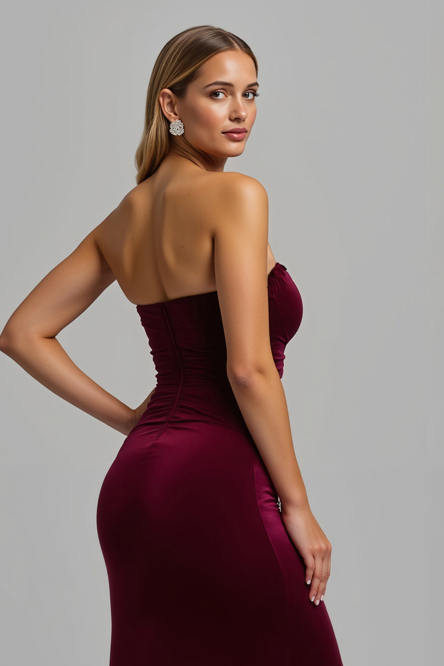 Burgundy Sheath Strapless Maxi Holiday Party Dress with Slit