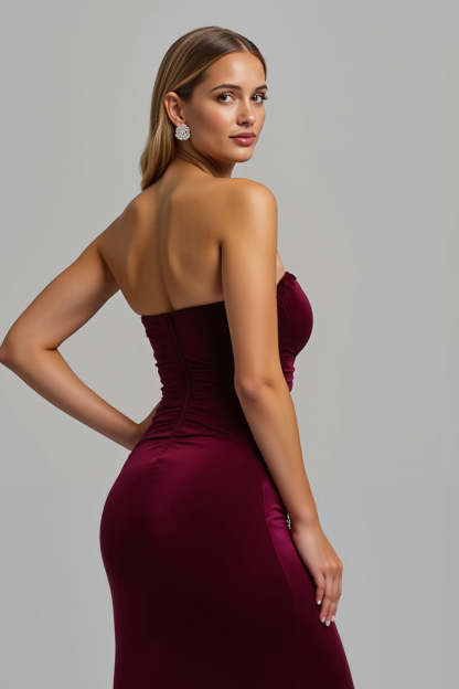 Burgundy Sheath Strapless Maxi Holiday Party Dress with Slit