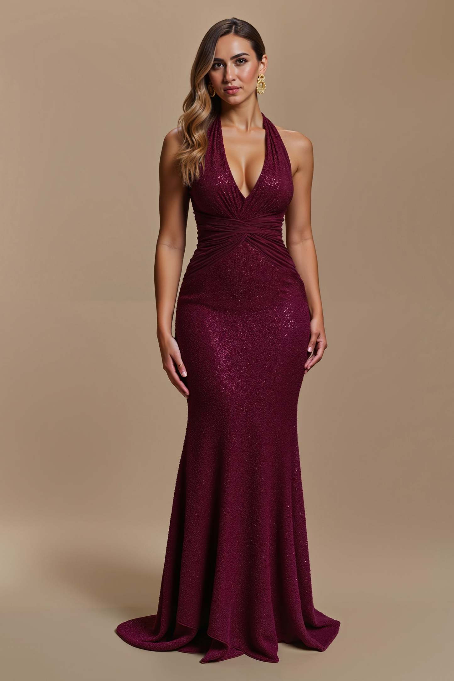 Leely Women Sparkly Burgundy Mermaid Maxi Holiday Party Dress Backless Sequins Halter Formal Dress