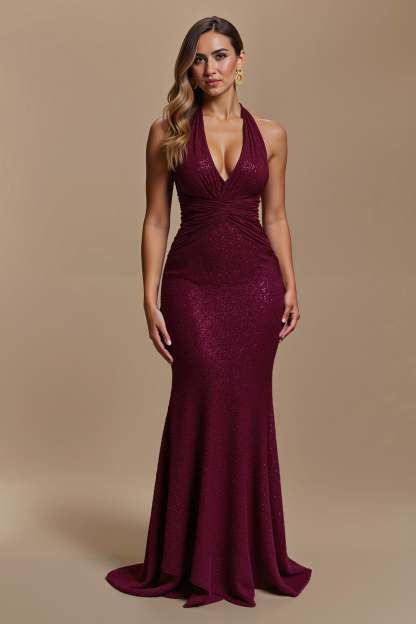 Leely Women Sparkly Burgundy Mermaid Maxi Holiday Party Dress Backless Sequins Halter Formal Dress