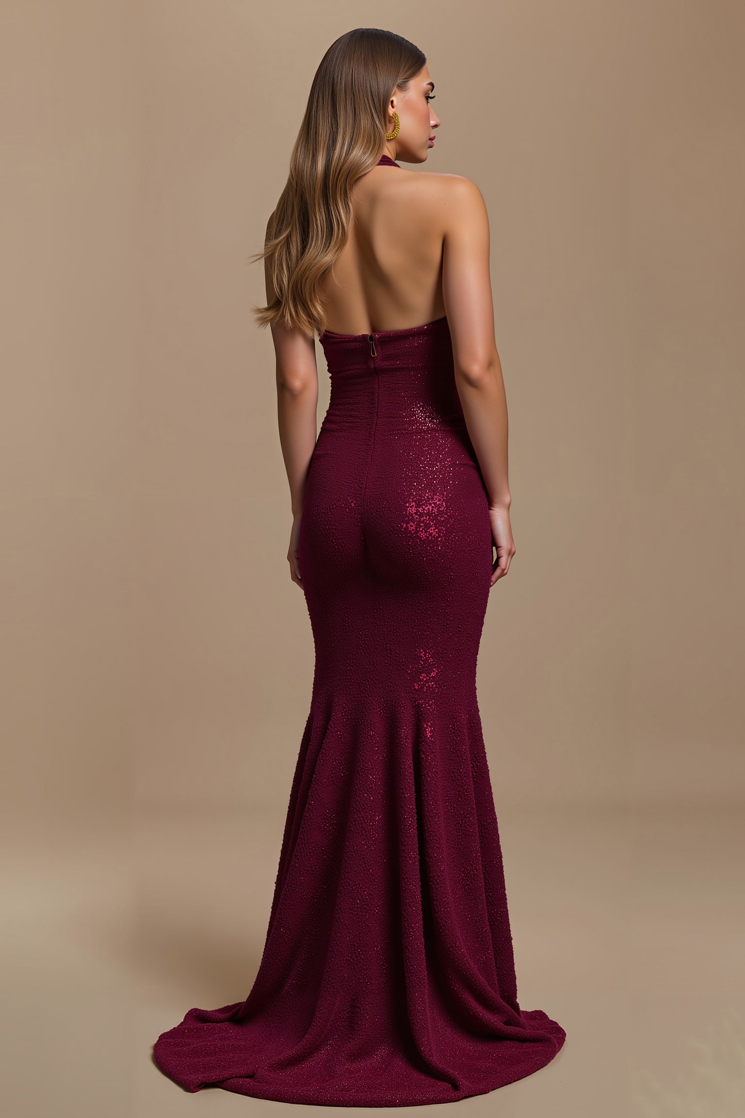 Sparkly Burgundy Sequins Mermaid Halter Maxi Holiday Party Dress