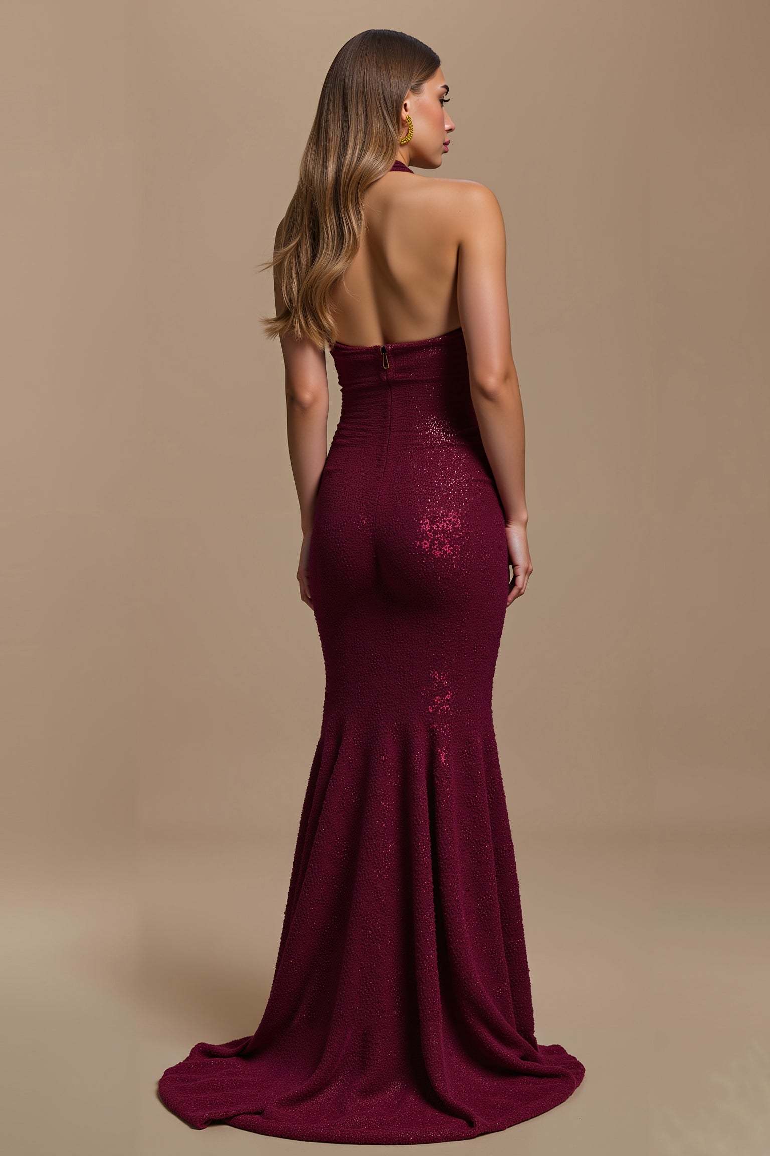 Sparkly Burgundy Sequins Mermaid Halter Maxi Holiday Party Dress